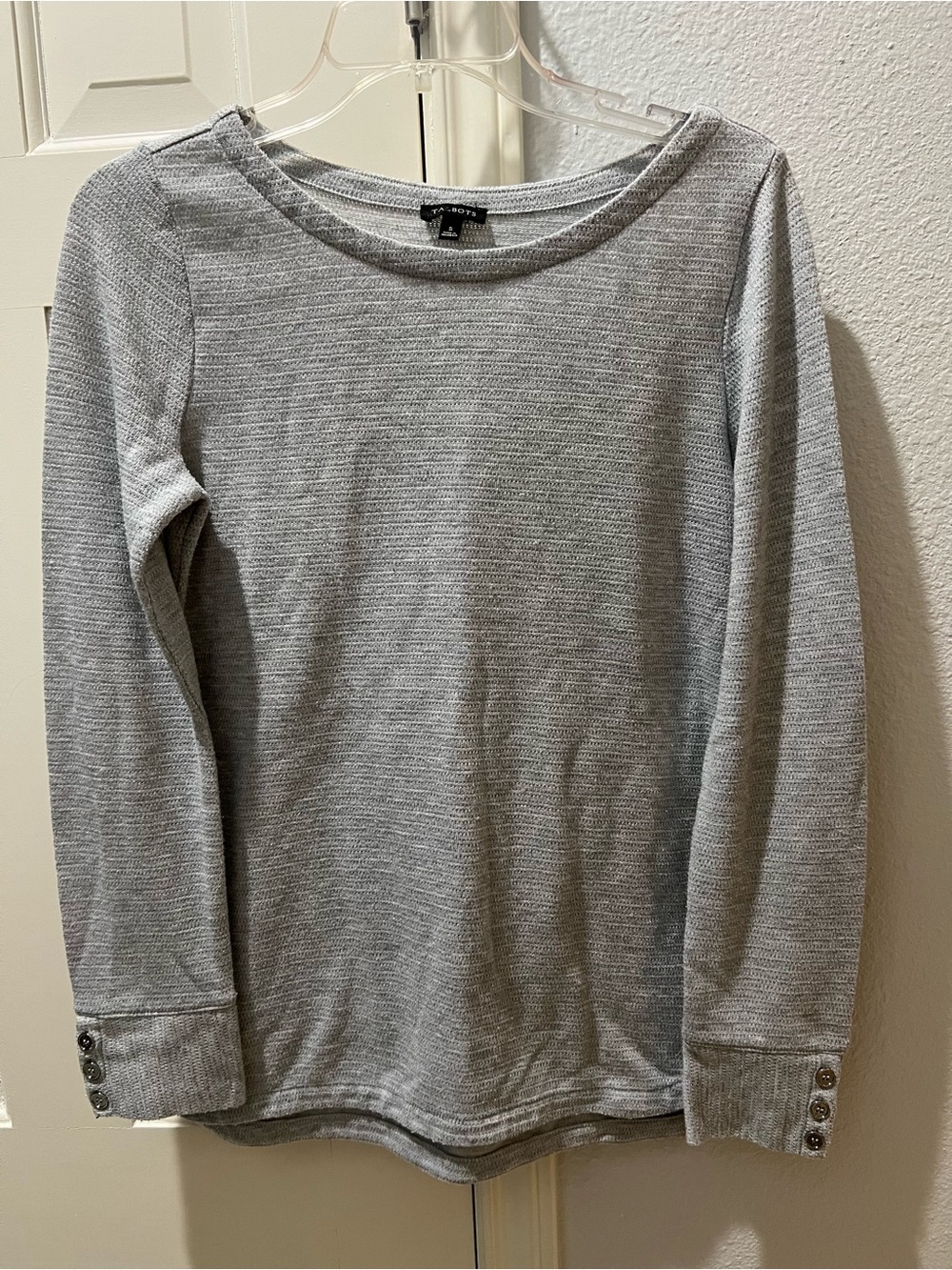 Talbots Light Gray Long Sleeve Crewneck Top with Button Cuffs and Slight Shimmer